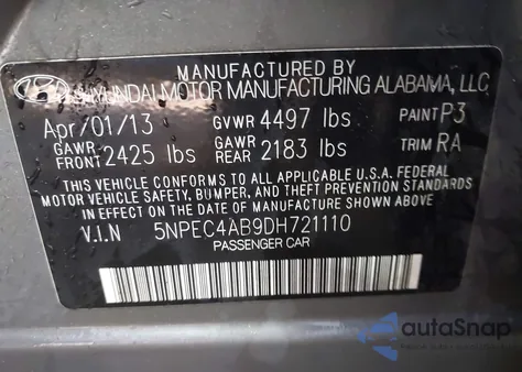 2013 Hyundai Sonata Se 2.0T z USA, uszkodzony, nr VIN 5NPEC4AB9DH721110